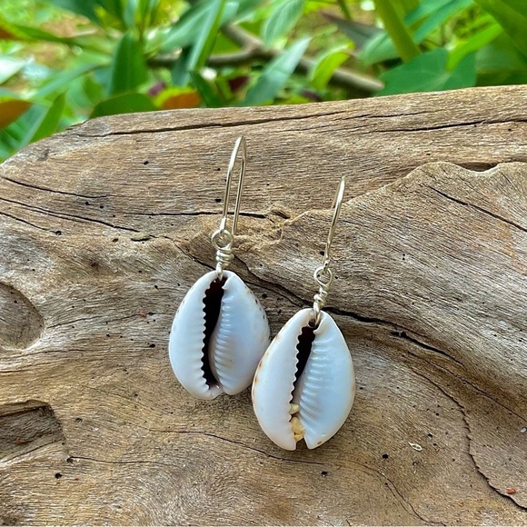 Hand Crafted Jewelry - Sterling silver spotted cowrie wrapped earrings